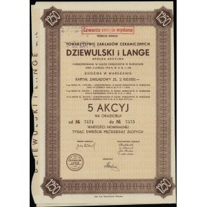 5 akcji na okaziciela o wartości 1.250 złotych, 1937, W...