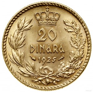 20 dinarów, 1925, Paryż; Fr.3, KM 7; złoto, 6.44 g; rza...