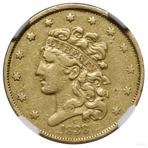 $5, 1838 C, Charlotte; Liberty Head type with rib...
