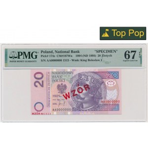 20 złotych 1994 - WZÓR - AA 0000000 - Nr 1513 - PMG 67 EPQ