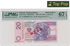 20 złotych 1994 - WZÓR - AA 0000000 - Nr 1513 - PMG 67 EPQ