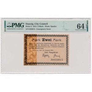 Danzig, 2 Mark 1914 - watermark spades - PMG 64 EPQ - without Ungültig -