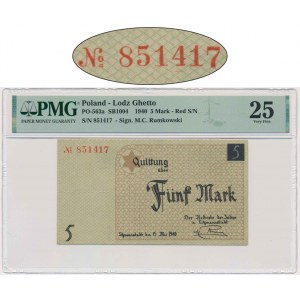 5 Mark 1940 - No.3 - PMG 25 - RAREST LITZMANNSTADT BANKNOTE