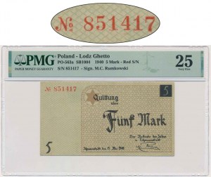 5 Mark 1940 - No.3 - PMG 25 - RAREST LITZMANNSTADT BANKNOTE
