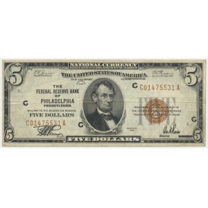 USA, Brown Seal, Philadelphia, 5 Dollars 1929