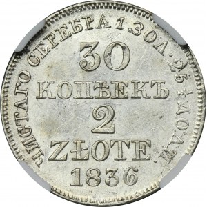 30 kopeck = 2 zloty Warsaw 1836 MW - NGC MS61