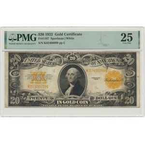 USA, Gold Certificate, 20 dolarów 1922 - Speelman & White - PMG 25