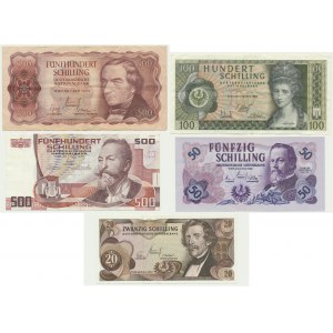 Österreich, Satz von 20-500 Schilling 1962-85 (5 Stück).