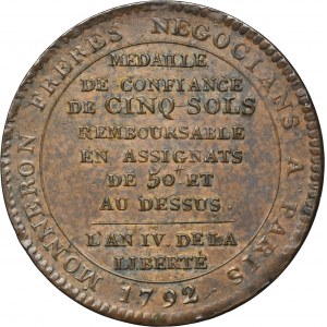 Francja, Żeton 5 Sols 1792 Monneron Freres