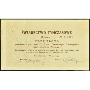 TKM Warsaw, temporary certificate of 5% conversion mortgage bond, 3 zloty - RARE