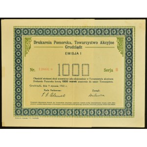 Pomeranian Printing House Joint Stock Society, 1,000 mkp, Issue I, Series B
