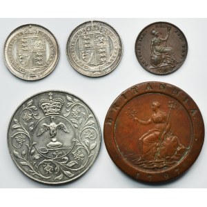 Set, Great Britain, George III, Victoria and Elizabeth II, 1 Pence, 1 Shilling and 25 Pence (5 pcs)