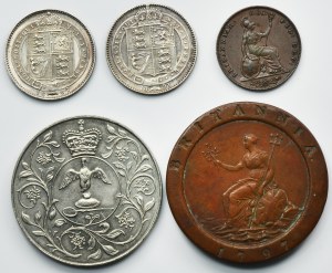 Set, Great Britain, George III, Victoria and Elizabeth II, 1 Pence, 1 Shilling and 25 Pence (5 pcs)