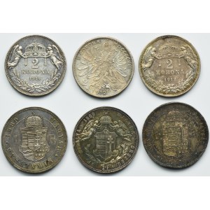 Zestaw, Austria i Węgry, Franciszek Józef I, 1 Forint i 2 Korony (6 szt.)