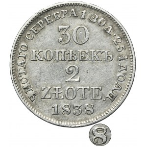 30 kopeck = 2 zloty Warsaw 1838 MW - overstike in the date