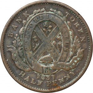 Kanada, Dolní Kanada, 1/2 pence / 1 sou token, Quebec Bank, Montreal 1837