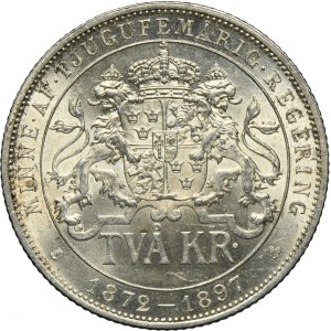 Sweden, Oscar II, 2 Kronor Stockholm 1897 - 25th anniversary of the reign of Oscar II