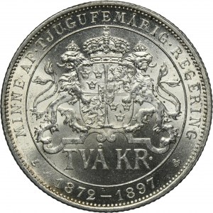 Sweden, Oscar II, 2 Kronor Stockholm 1897 - 25th anniversary of the reign of Oscar II