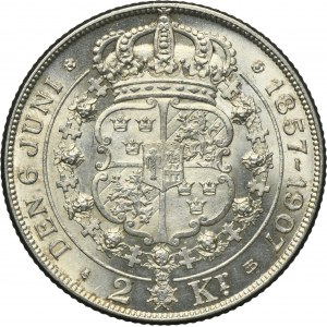 Suède, Oscar II, 2 couronnes Stockholm 1907 - 50e anniversaire de mariage du roi Oscar II et de Sophie
