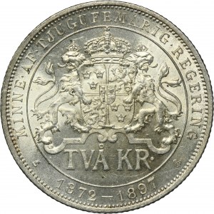 Sweden, Oscar II, 2 Kronor Stockholm 1897 - 25th anniversary of the reign of Oscar II