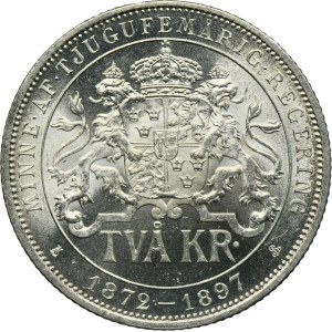 Sweden, Oscar II, 2 Kronor Stockholm 1897 - 25th anniversary of the reign of Oscar II