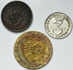 Sada, Velká Británie a Irsko, Jiří III, 3 pence, farthing a žeton (3 kusy).