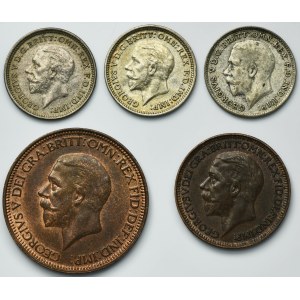 Set, Great Britain, George V, 3 Pence, 1/2 Farthing and Farthing (5 pcs)