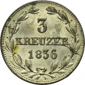 Nemecko, Kniežatstvo Nassau, Wilhelm, 3 Krajcars Wiesbaden 1836 - RARE, ex. Dr. Max Blaschegg