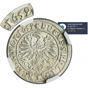 Śląsk, Księstwo Legnicko-Brzesko-Wołowskie, Jerzy III Brzeski, Ludwik IV Legnicki i Chrystian Wołowski, 3 Krajcary Brzeg 1659 EW - BARDZO RZADKIE - NGC AU53