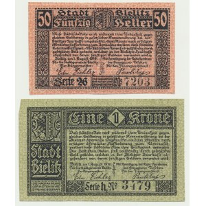 Bielsko, sada 50 haléřů - 1 koruna 1919 (2 kusy).