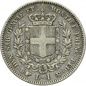 Włochy, Królestwo Sardynii, Wiktor Emanuel II, 1 Lira Turyn 1857 - RZADKA