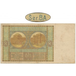 50 złotych 1929 - Ser. B.A - RZADKOŚĆ - z kropką między literami, ale bez kropki na końcu