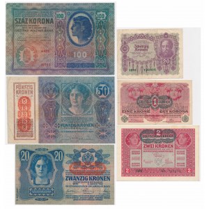 Austria, zestaw 1-100 koron 1912-22 (6 szt.)