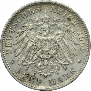 Germany, Kingdom of Württemberg, Wilhelm II, 5 Mark Stuttgart 1902 F