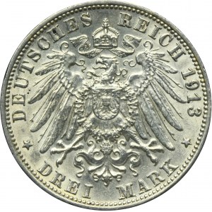 Nemecko, Württemberské kráľovstvo, Wilhelm II, 3 marky Stuttgart 1913 F