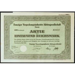 Danzig, Danziger Verpackungsindustrie AG, stock 1,000 marks 1942