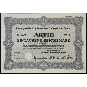 Wroclaw, Aktiengesellschaft Breslauer Zoologischer Garten, 1,000 marks 1938