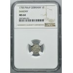 Augustus III of Poland, 1 Pfennig Dresden 1755 FWôF - NGC MS64 - RARE