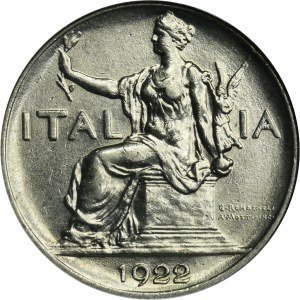 Włochy, Wiktor Emanuel III, 1 Lira Rzym 1922 R - GCN AU55