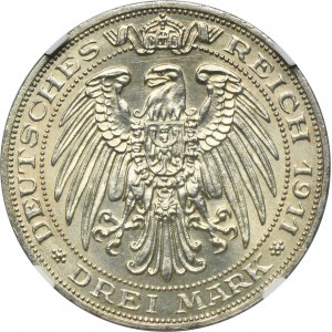 Nemecko, Pruské kráľovstvo, Wilhelm II, 3 marky Berlín 1911 A - NGC MS62