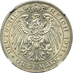 Niemcy, Królestwo Prus, Wilhelm II, 3 Marki Berlin 1911 A - NGC MS62