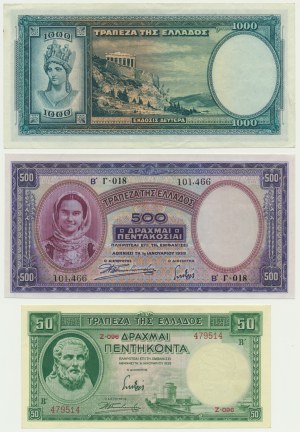 Řecko, sada 50-1000 drachem 1939 (3 kusy).