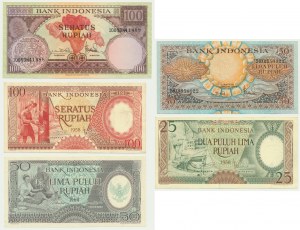 Indonésie, sada 25-100 rupií 1958-64 (5 kusů).