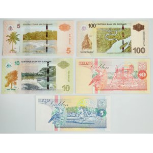 Surinam, zestaw 5 guldenów -100 dolarów 1996-2019 (5 szt.)