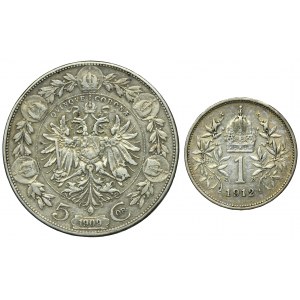 Sada, Rakúsko a Maďarsko, František Jozef I., 1 koruna a 5 korún (2 kusy).