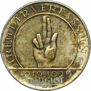 Nemecko, Weimarská republika, 3 marky Karlsruhe 1929 G - Prísaha