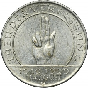 Nemecko, Weimarská republika, 3 marky Karlsruhe 1929 G - Prísaha
