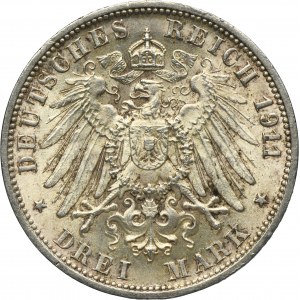 Germany, Kingdom of Württemberg, William II, 3 Mark Stuttgart 1911 F