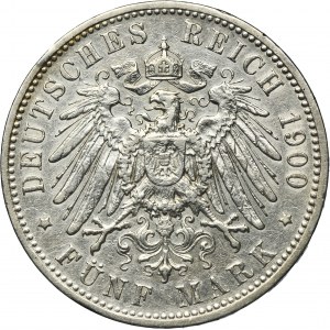 Germany, Kingdom of Württemberg, Wilhelm II, 5 Mark Stuttgart 1900 F