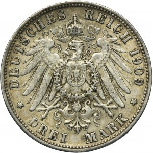 Germany, Kingdom of Württemberg, Wilhelm II, 3 Mark Stuttgart 1909 F